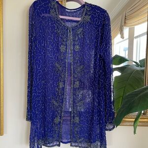 Amazing Vintage Glittery Silver Hand Beaded Blue Sheer Glam Jacket Top Med